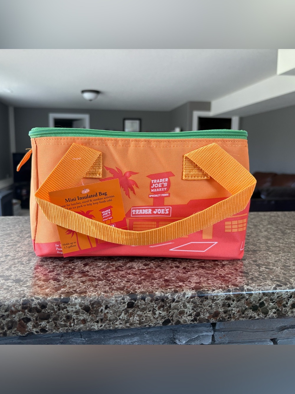 Trader Joe's Orange & Red Mini Insulated Lunch Bag with Green Zipper